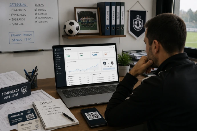 Plataforma de gestión para clubes de fútbol con socios, abonados, cuotas, carnés y eventos.