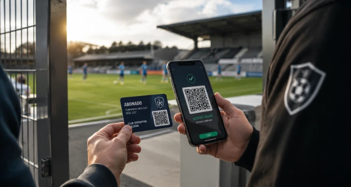 Control de acceso a club de fútbol mediante carnet con código QR escaneado desde un teléfono móvil.
