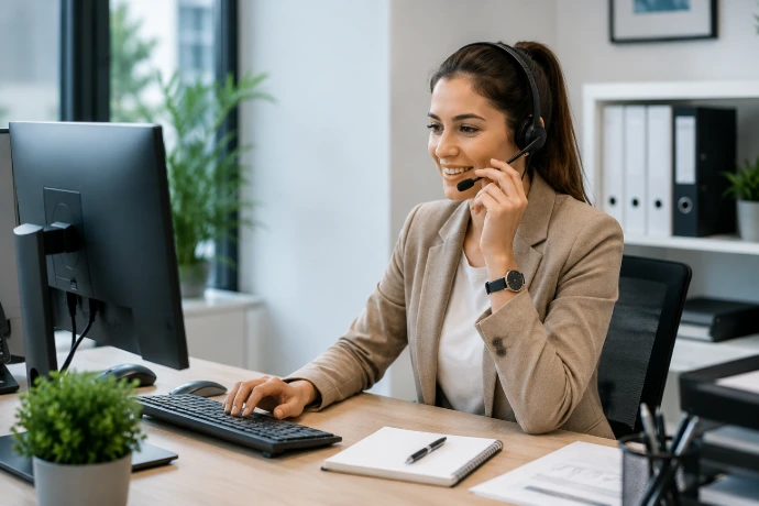 Administrativa trabajando con ordenador y telefonía IP en una empresa conectada.